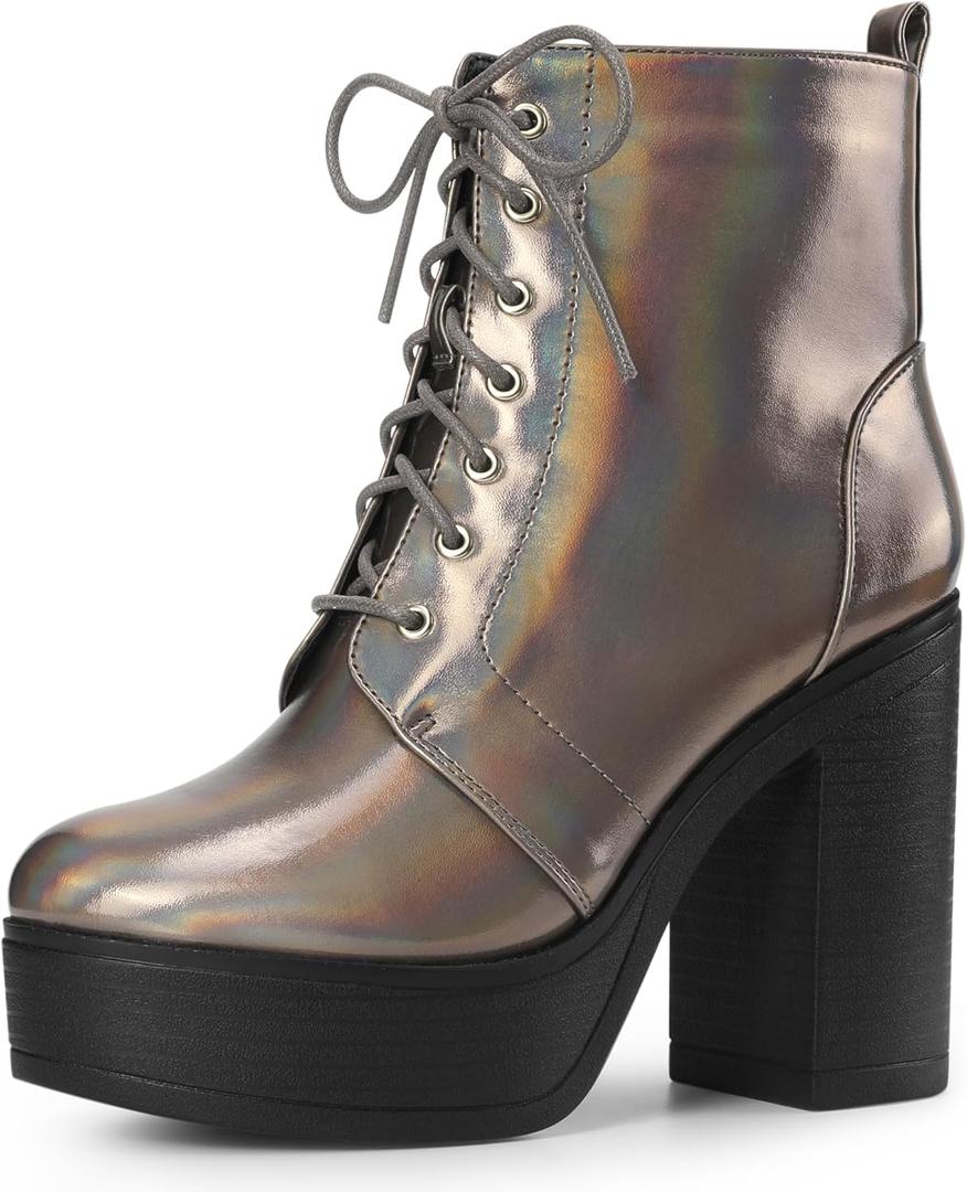 Allegra K Women's Platform Chunky High Heel Lace Up Combat Boots (7.5, Gunmetal)