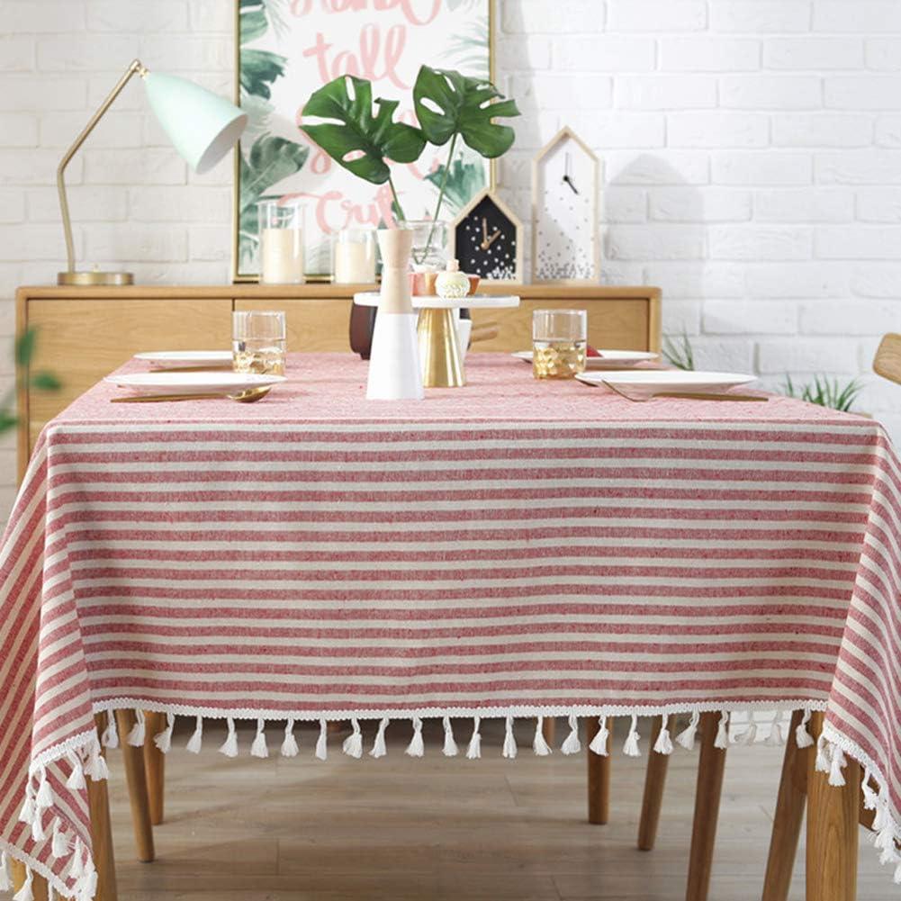 AMZALI Stripe Tassel Tablecloth Cotton Linen Stain Resistant/Dust-Proof Waterproof Table Cover for Kitchen Dinning Tabletop Decoration (Rectangle/Oblong, 55 x 87 Inch, Red)