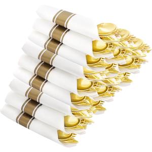 Supernal Set of 60 Wrapped Plastic Silverware Gold Pre Rolled Silverware Set Disposable,Plastic Cutlery for Parties,Disposable Cutlery Heavy Duty with Linen Napkins For Weddings Birhday