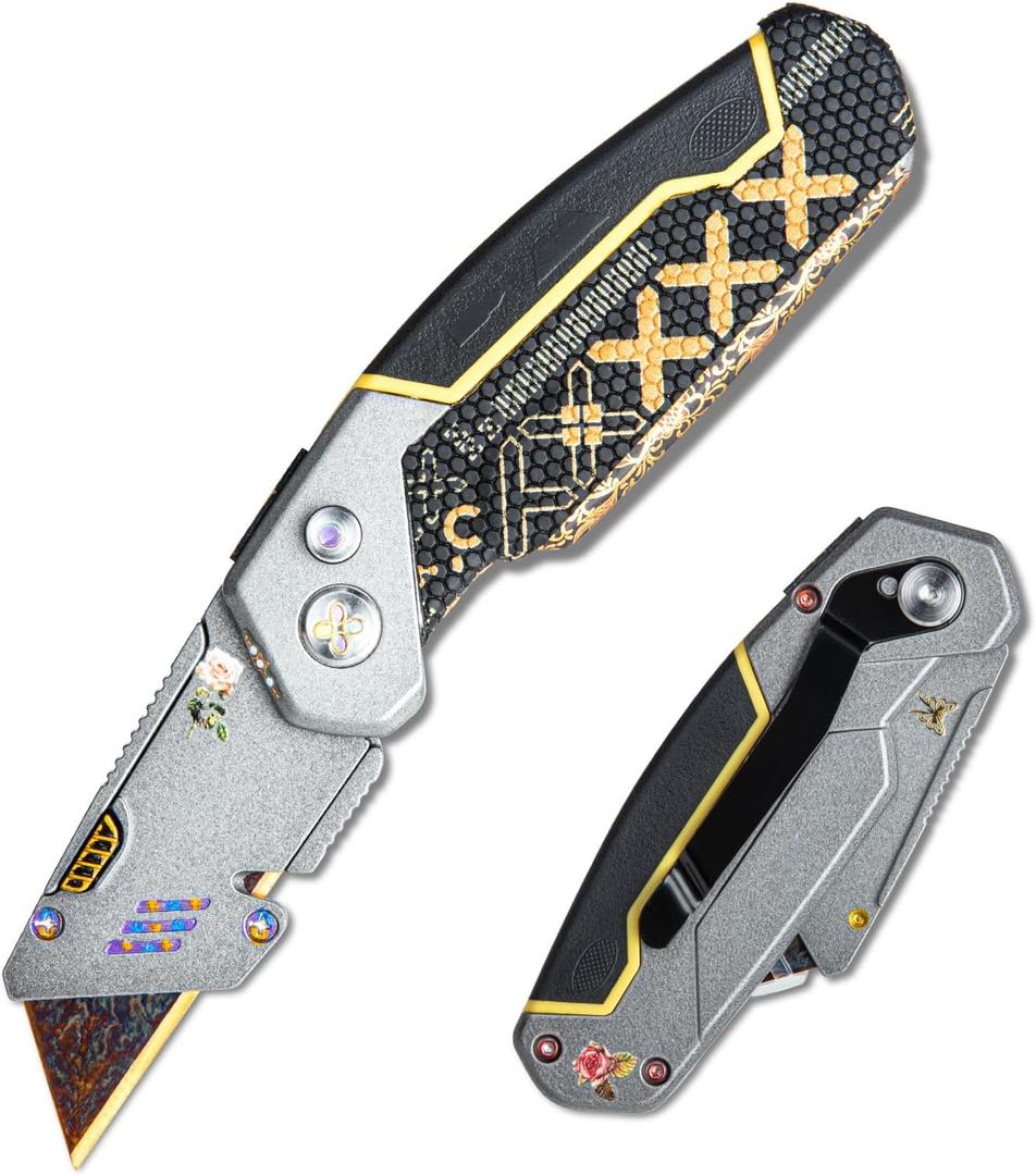 Folding Lock Back Utility Knives, Heavy Duty Folding Box Cutter, Pocket Carpet Cutter Knife Handmade With Clip (Black)