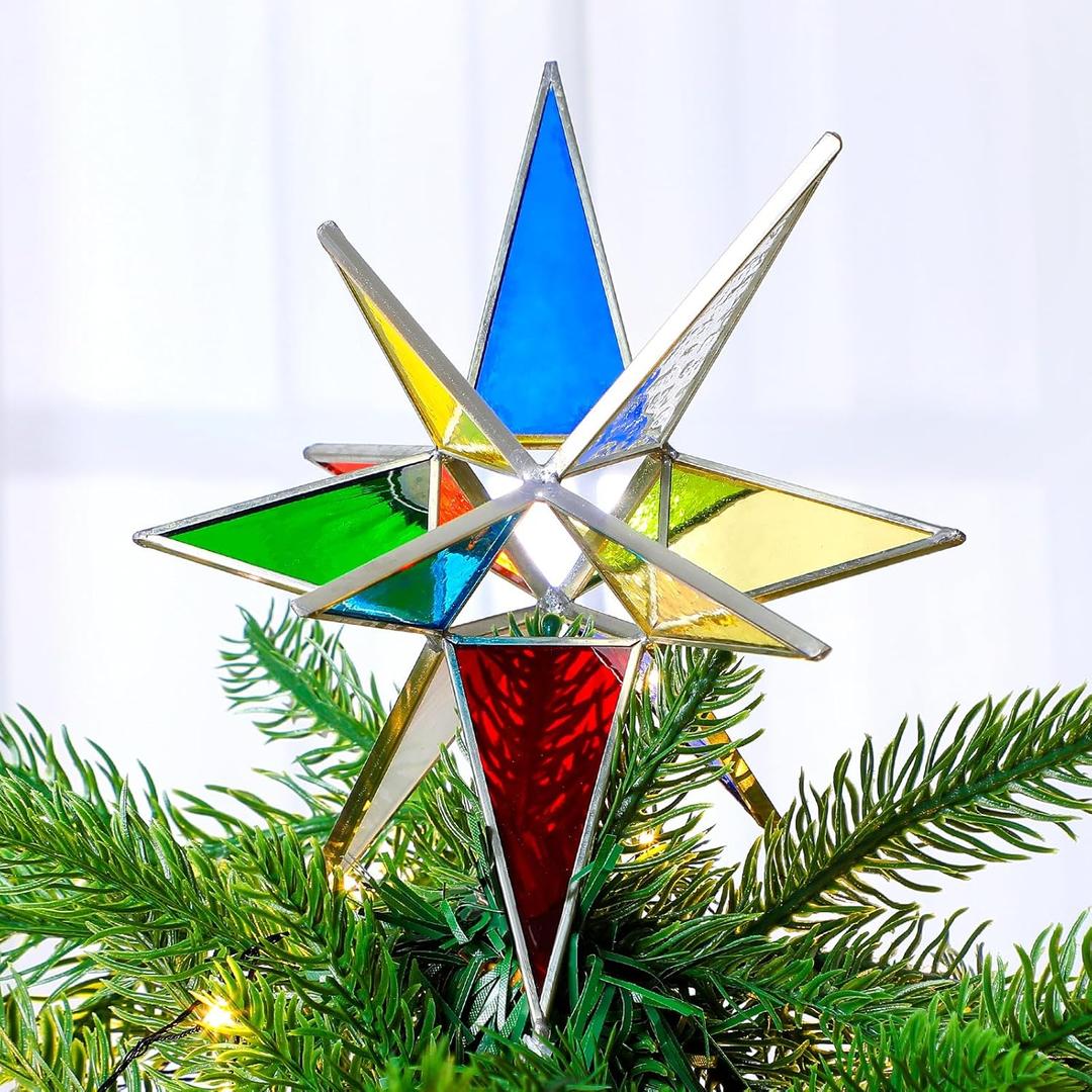 7 Inch Moravian Star Christmas Tree Topper Moravian Stained Glass Star Ornament Iridescent Christmas Tree Decoration Colorful Window Hanging Decoration Church Gift(Colorful)
