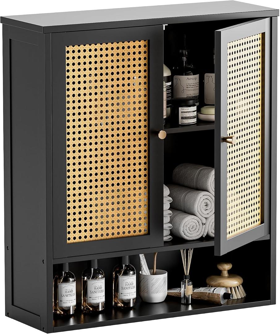 HITNET Wall Mounted Bathroom Cabinet, Rattan Hanging Cabinet, Space-Saving Bathroom Wall Cabinet with 2 Doors and Adjustable Shelves, Black, 23.23" W X 8.27" D X 26.18" H
