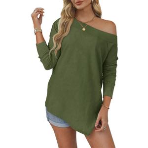 Tankaneo Womens Off The Shoulder Tops Casual Long Sleeve T Shirts Irregular Hem Split Tunics Loose Fall Blouse Shirt (Green, L)