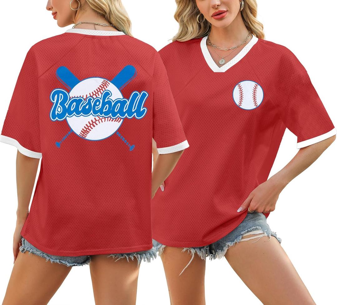 Baseball Mom Shirt Baseball Oversized Tshirt Women Game Day Season Vacation Short Sleeves Tops (Red, XL)