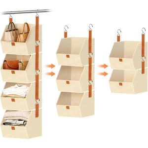 MSJGA 4Tier Hanging Closet Organizer and Storage with Detachable Bins, Fabric Hanging Shelves for Closet, Dorm, Rv, SpaceSaving Collapsible Basket for Handbags, Clothes (47” H)​