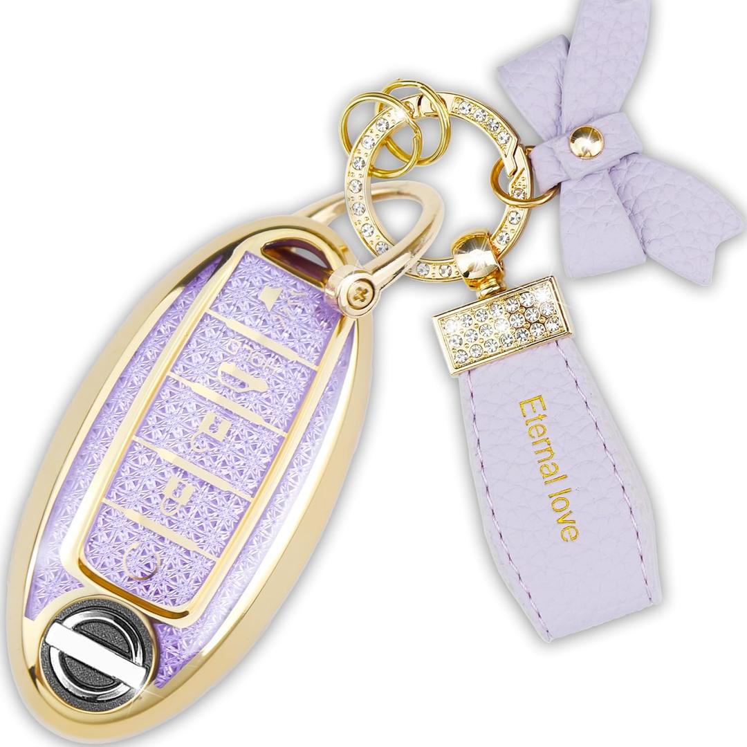 Key Fob Cover with Diamond Keychain Car Key Shell Compatible with Nissan Altima Rogue Sentra Pathfinder Frontier Maxima Titan Murano Kicks Juke Versa (5 Buttons-Purple Bowknot)