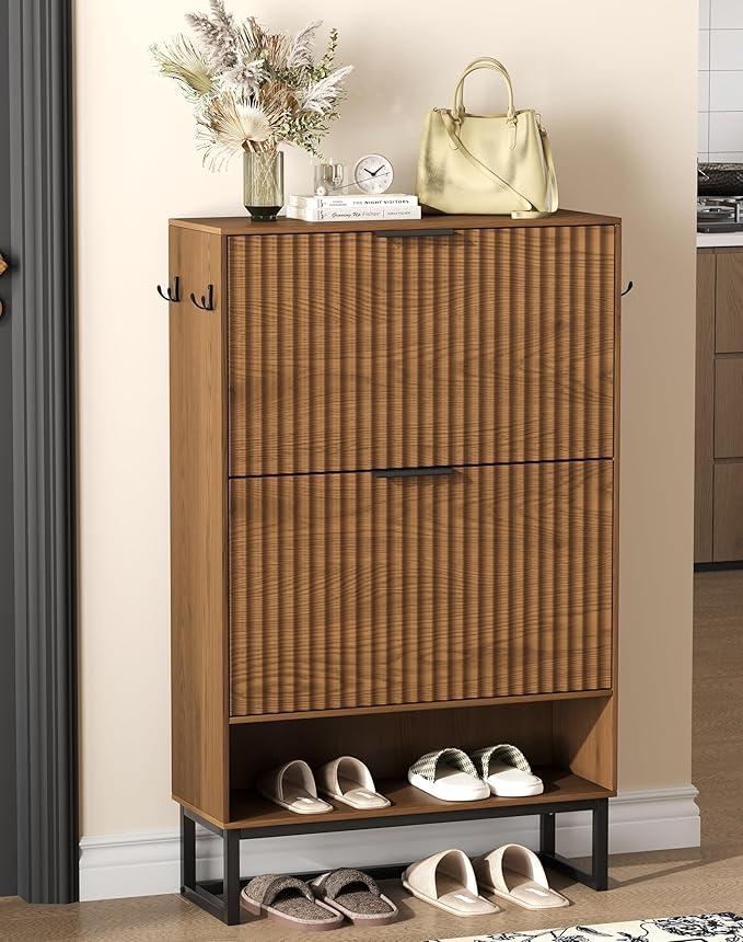 Fluted Shoe Storage Cabinet, Narrow Hidden Shoe Rack Cabinet with Metal Legs, Narrow Shoe Organizer, 2 Flip Drawers, for Entryway, Hallway, Living Room, Walnut