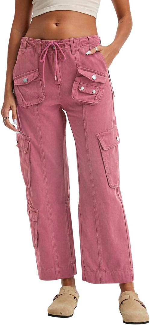 Cargo Pants for Women Low Rise Drawstring Waist 7 Pockets Hiking Work Wide Leg Pants with Zipper Button Closure (Small, Pink)