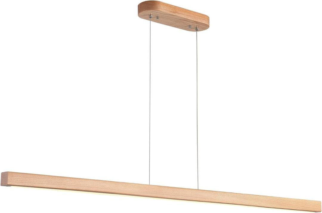 55" Wood Linear Pendant Modern Kitchen Island Light Fixture with Remote Solid Wooden Hanging Ceiling Light Chandeliers for Dining Room Kitchen Pendant Lighting Over Island Natural, 55in