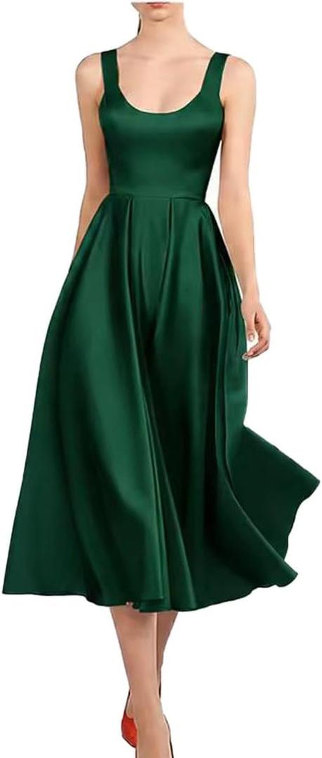 Women's Vintage Satin Cocktail Dresses Tea Length A-Line Prom Dresses Spaghetti Straps Scoop Neck with Pockets 2025 (Green), Size: US10