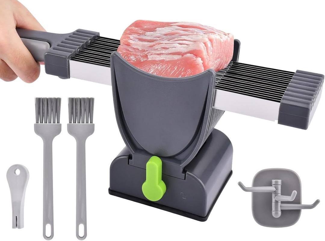 17-in-1 Fresh Meat Slicer & Cleaver Set, Stainless Steel Adjustable Thickness 2mm/4mm, Manual Meat Cutter for Slicing, Stripes & Dicing, 17 Blades for Home Cooking BBQ Hot Pot (Grey)