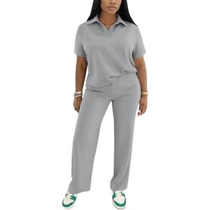 PINSV Women's 2 Piece Outfits Short Sleeve Polo Shirt Wide Leg Pants Tracksuit Lounge Sets L