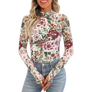 Dealmore Floral Mesh Mockneck Tops Trendy Going Out Tops fot Women with Thumb Hole Fashion Fall Outfits 2024, Floral Spice, M