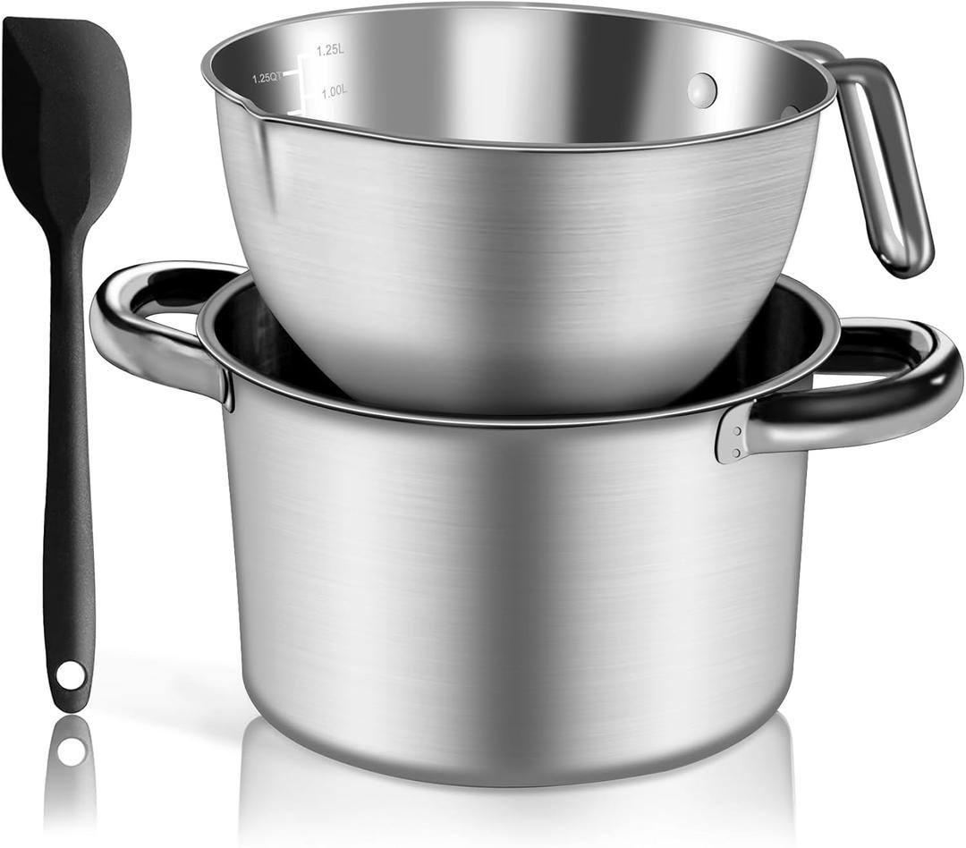 Marsheepy Double Boiler Pot Set,2000ML/1.8QT Mixing Bowl for Chocolate Melting, 2800ML/ 2.54QT 304 Stainless Steel Pot With Silicone Spatula for Melting Chocolate, Candy, Candle, Soap, Wax