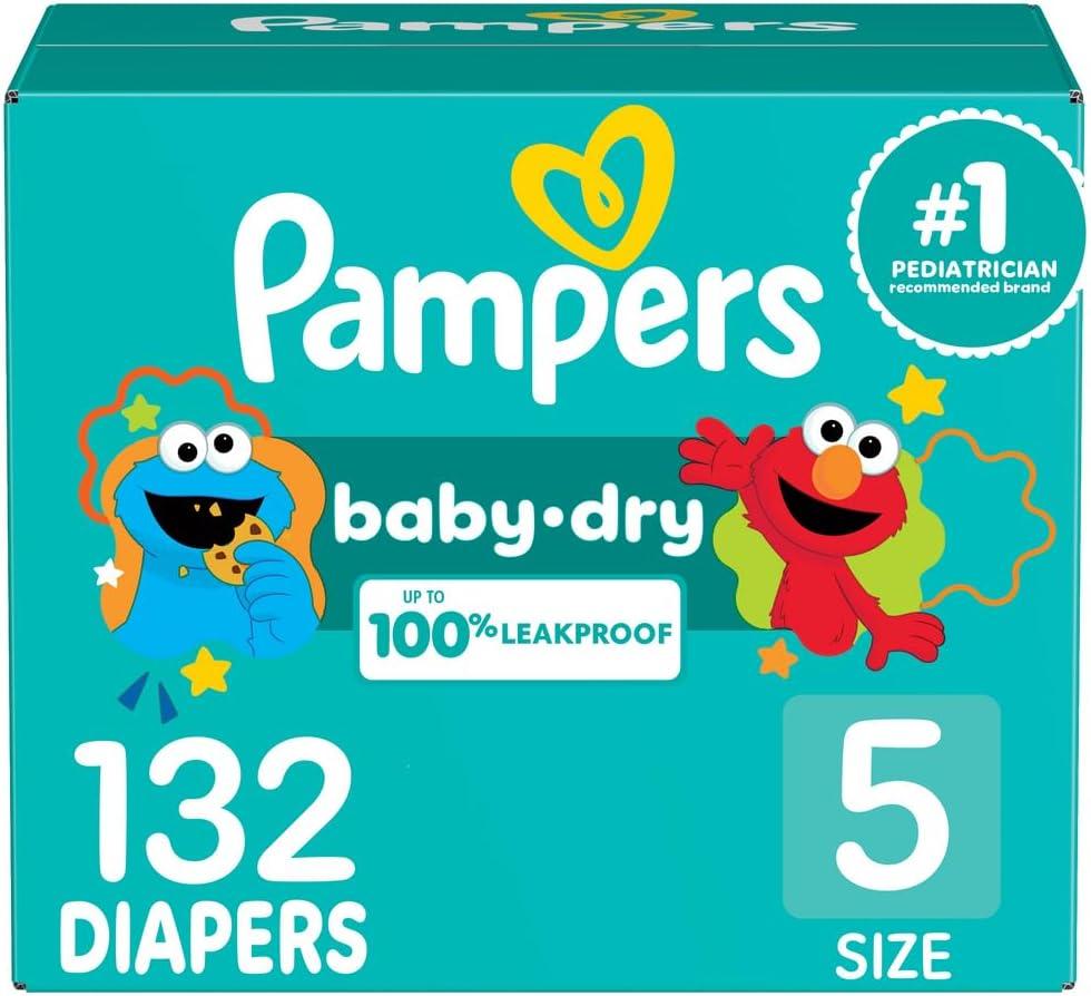 Pampers Diapers - Baby Dry - Size 5, 132 Count, Absorbent Disposable Infant Diaper (Packaging May Vary)