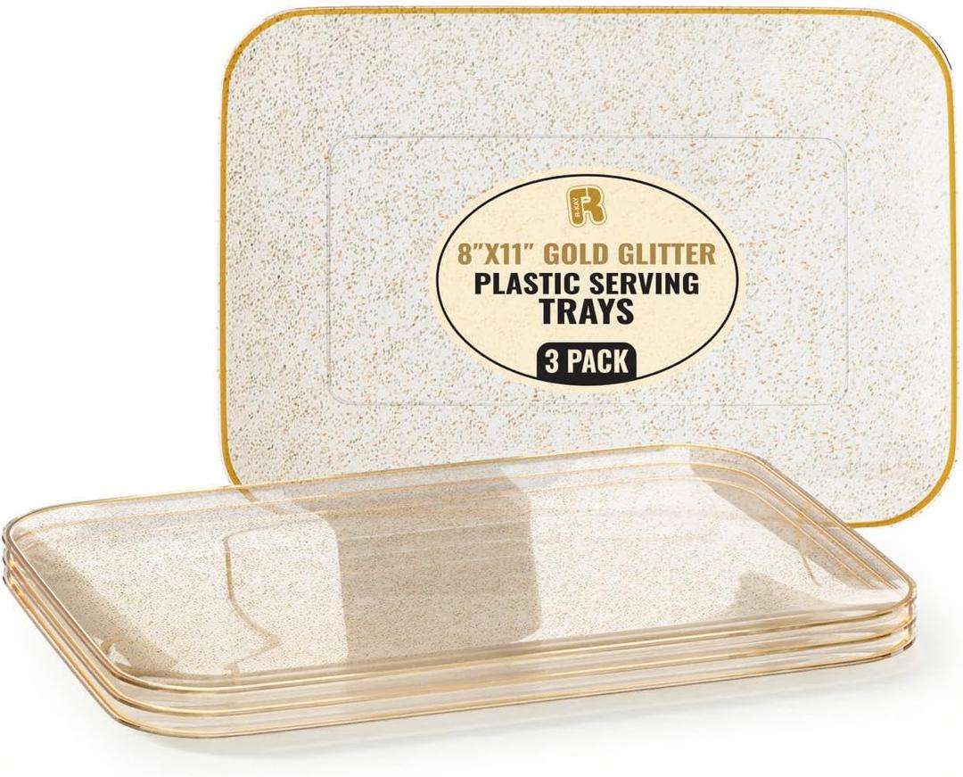 3 Pack Gold Glitter Plastic Serving Trays for Party - Gold Glittered Serving Tray 8 x 11 Inch - Heavy Duty Dessert Trays for Food - Rectangular Party Serving Trays for Entertaining