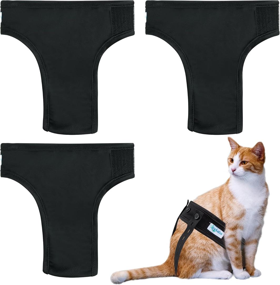 Leekalos Reusable Washable Cat Diapers (3 Pack) - Highly Absorbent Cat Diapers - Size Adjustable Diapers for Female Cats & Male Cat Easy to Put on Diapers (Medium)