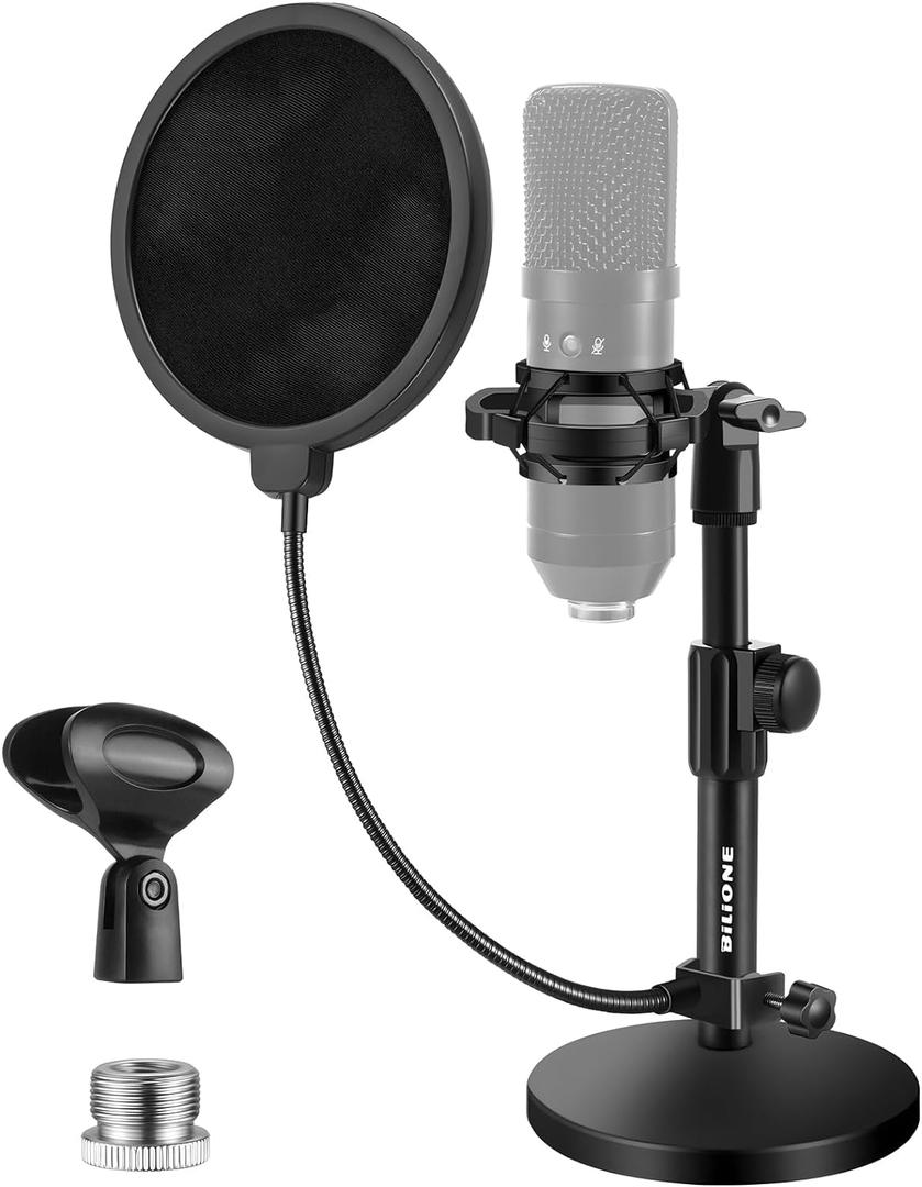 BILIONE Multifunctional Desktop Microphone Stand, Adjustable Mic Stand Desk with Pop Filter, Shock Mount, Microphone Clip, 5/8" to 3/8" Metal Screw Adapter (Round base)