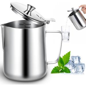32 oz 304 Stainless Steel Pitcher with Lid, 1 L Large Metal Measuring Cup with Handle, Large Mouth Graduated Beakers, Milk Frothing Jug for Latte Art, Espresso Machines, Tea