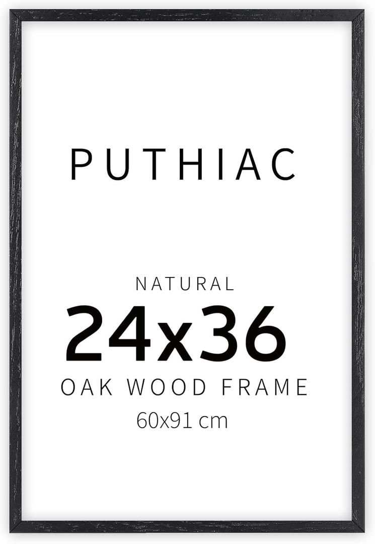 puthiac 24x36 Solid Oak Wood Picture Frame, No Mat, Wall Display Only, Vertical or Horizontal, Plexi Front, 1 Pack, Black
