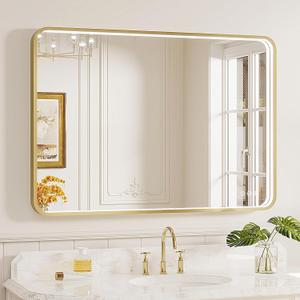 LED Bathroom Mirror with Lights, 40x28 Inch Gold Metal Framed LED Mirror for Bathroom, 3 Colors and Stepless Dimmable Wall Mounted Lighted Bathroom Vanity Mirror, Anti-Fog, Memory