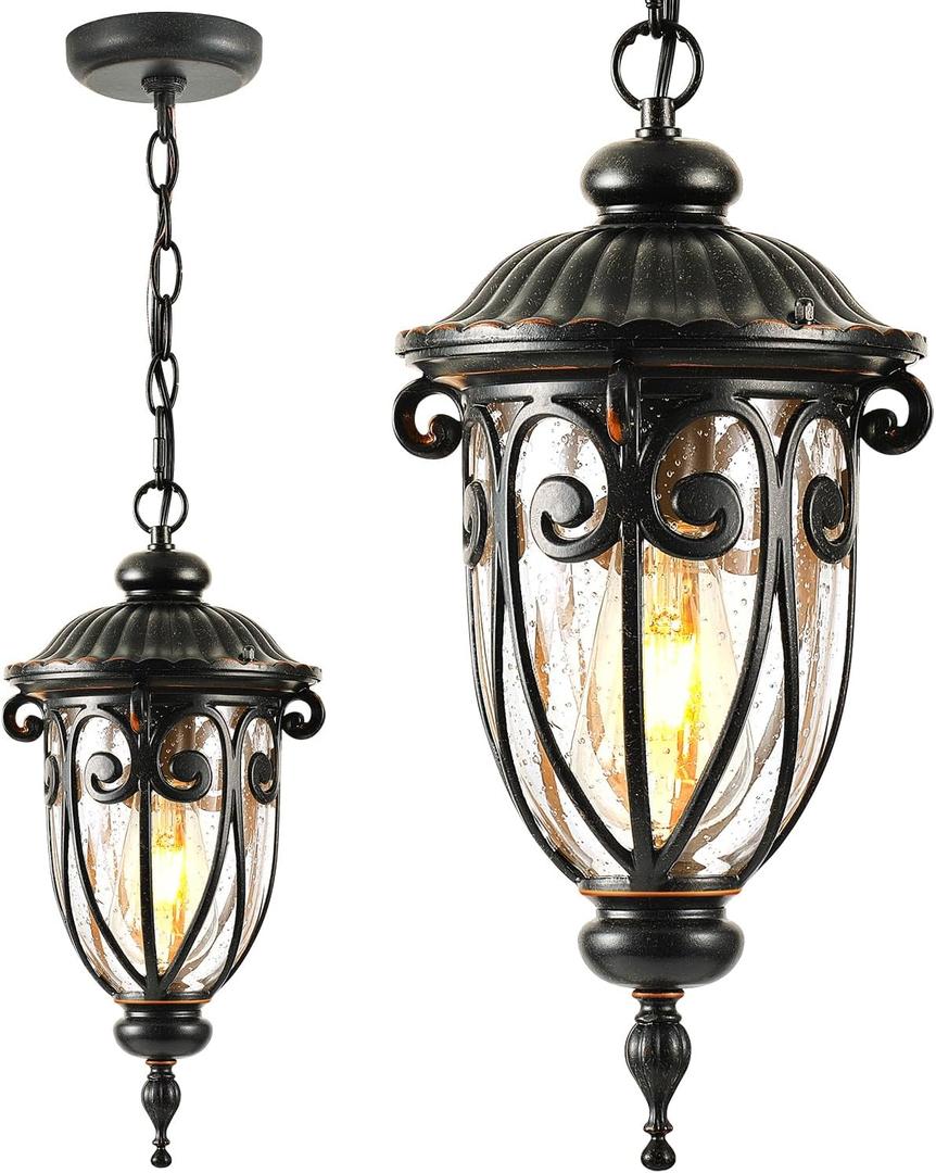 VIANIS Outdoor Pendant Light Lantern, Farmhouse Outdoor Chandelier, Vintage Outdoor Hanging Lights with Seed Glass, Brown Ceiling Lights for Porch, Porch Lights Ceiling for House (Medium Size, Oil-Rubbed Bronze)