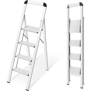 KINGRACK Aluminium 4 Step Ladder, Lightweight Step Stool with Non-Slip Pedals, Handrail, Foldable Step Ladder for Kitchen, Garage, Home, Space Saving, Sturdy and Portable, Silver