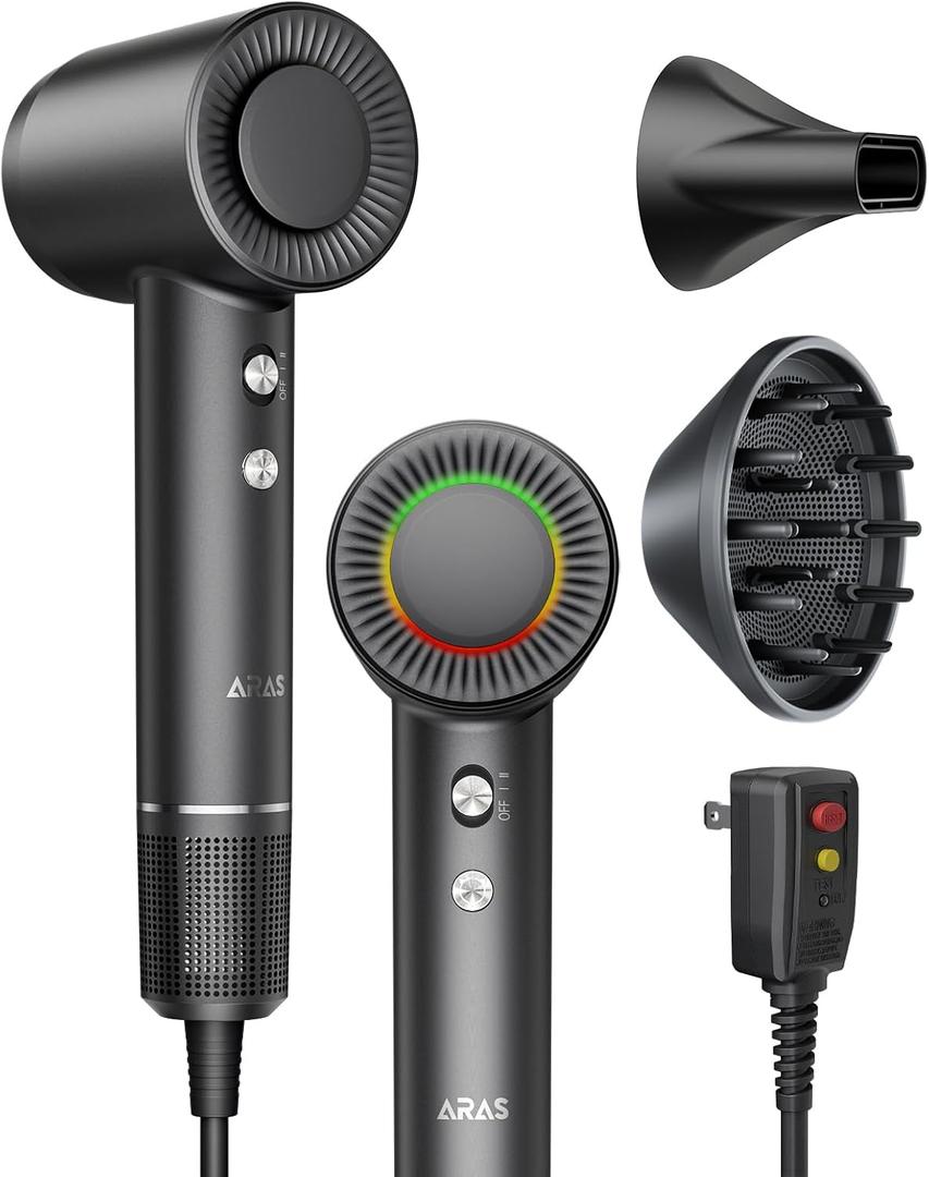 Hair Dryer, Negative Ionic Blow Dryer with 160000 RPM Professional High-Speed Blow Dryer, Brushless Motor for Fast Drying, Low Noise Thermo-Control Hairdryer with Magnetic Nozzle (Black)