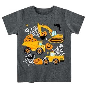 Funnycokid Boys Halloween Shirts Size 6 T-Shirts Kids Tops Tees Graphic Short Sleeve Construction Truck 5-6 Years