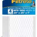 Filtrete 20x25x1 AC Furnace Air Filter, MERV 13, MPR 1900, Premium Allergen, Bacteria & Virus Filter, 3-Month Pleated 1-Inch Electrostatic Air Cleaning Filter, 4-Pack (Actual Size 19.69x24.69x0.78 in) (White)