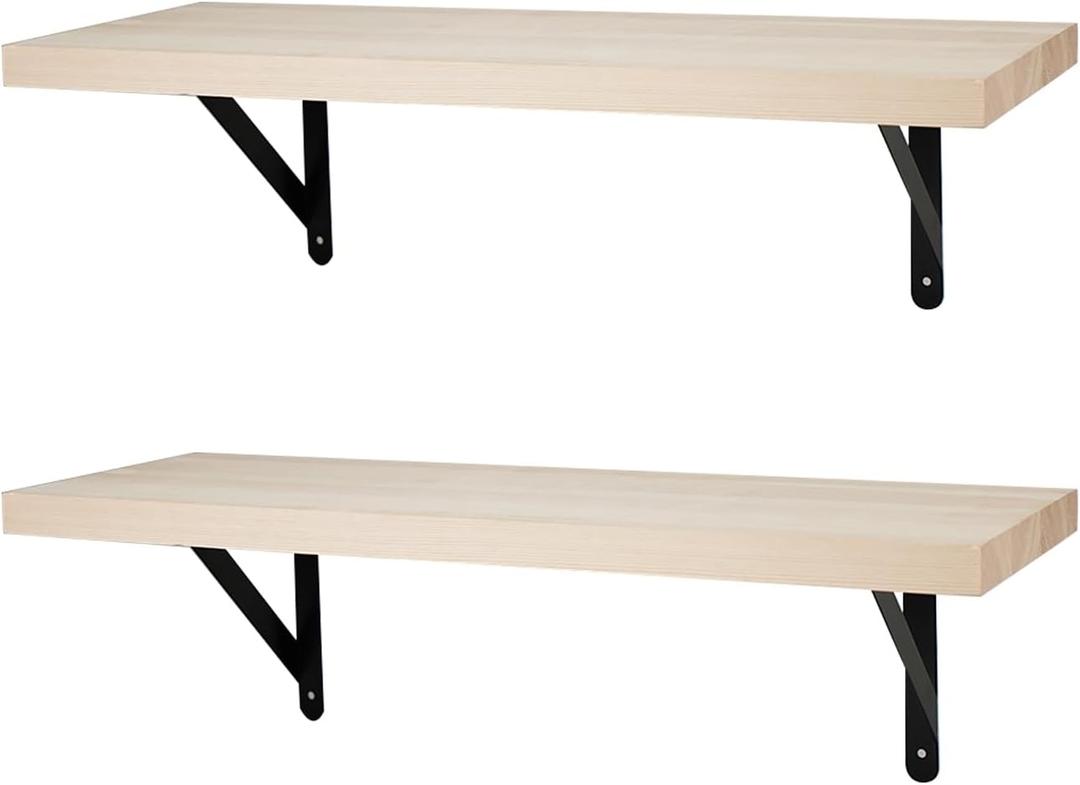 2Sets 24Inch Floating Shelves for Wall-Natural Wood Floating Shelves for Books Living Room Bedroom Bathroom Kitchen, Natural Wood Color
