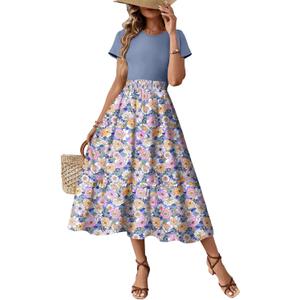 Dokotoo Women's Summer 2025 Maxi Dress Ruffle Short Sleeve Casual Floral Print Long Flowy Dresses (XL)