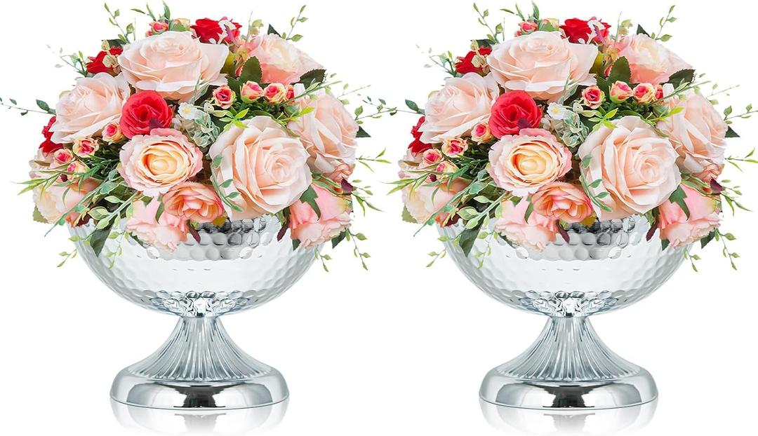 4 x Metal Urn Vases for Centerpieces - 6.3" Tall Flower Pot Planters, Wedding Table Decor, Party Reception, Home Floral Arrangement (2, Silver)