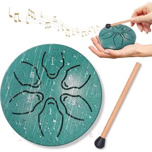 Rain Drum for Outside Garden, 3 Inch 6 Notes Steel Tongue Drum Rain Chime, Chakra Drum for Rain with music book (Green)