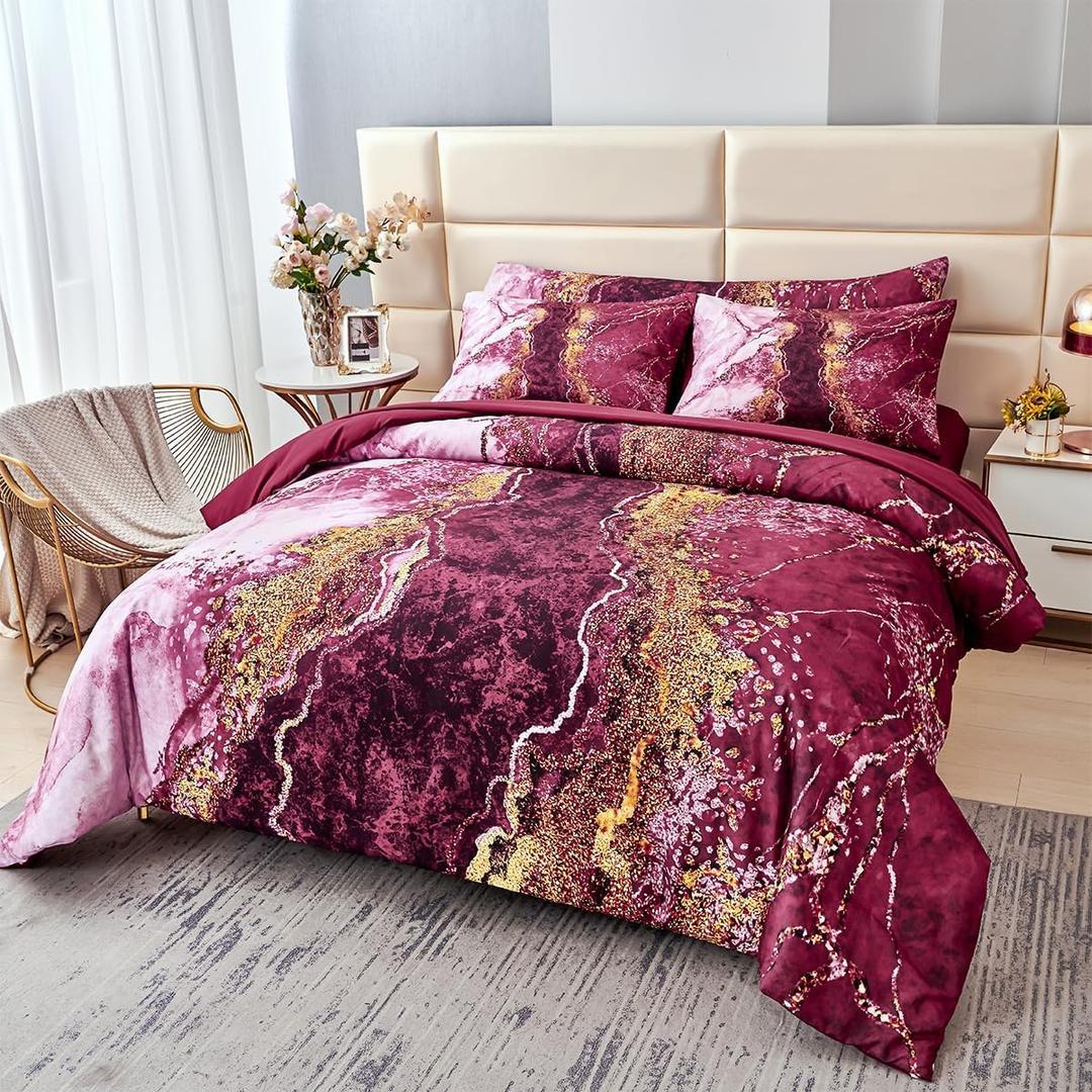 PERFEMET King Size Bed in A Bag Burgundy Watercolor Marble Printed Bed Set with Sheets Aesthetic Retro Artwork Style Dark Red Comforter Set for All Season(Burgundy, King)