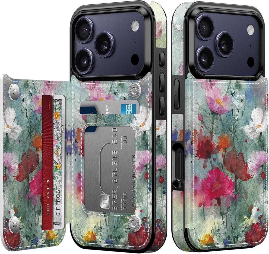 FUNMIKO for iPhone 17 Pro Wallet Case with Card Holder, RFID-Blocking, Military-Grade Drop Protection & Floral Animal Design, Magnetic Closure with Leather Kickstand - Dreamy Flowers