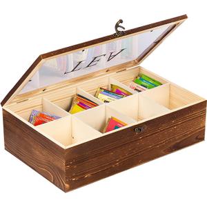 Rustic Torched Wooden Tea Bag Organizer Multiple Compartments Acrylic Clear Lid Dark Brown Burnt Wood Teabag Storage Divider Chest Holder TEA Lettering Vintage Style Latch Desktop Countertop