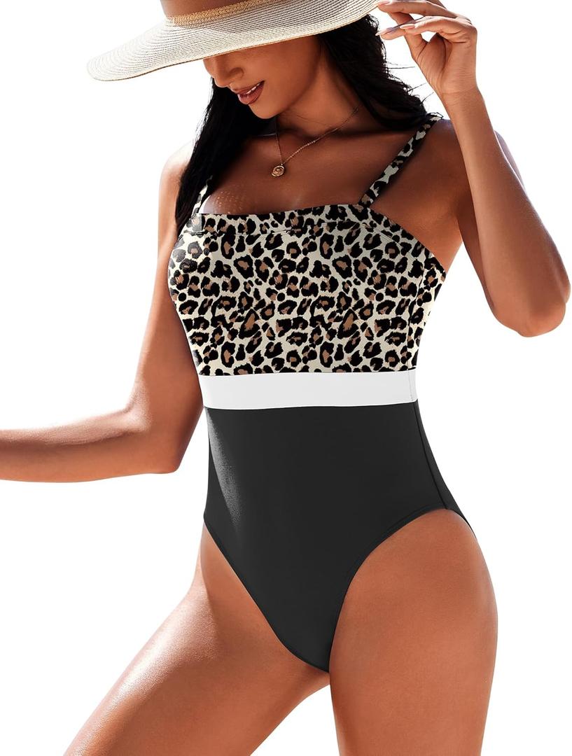AI'MAGE Women's One Piece Swimsuit Color Block Bathing Suit Square Neck Swim Suits Vintage Retro Swimwear Small (Leopard Black)