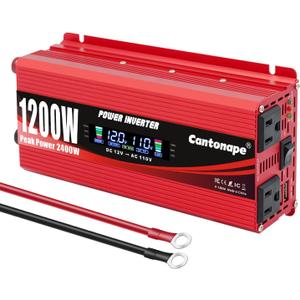 Cantonape 1200W Car Power Inverter DC 12V to 110V/120V AC Converter with LCD Display Dual AC Outlets and Dual USB Car Charger for Car Camping Laptop Truck Red