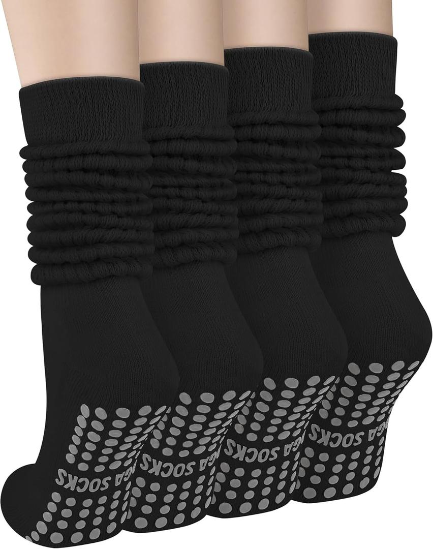 4 Pairs Yoga Pilates Scrunch Socks with Grip Socks for Women, Cotton Non Slip Slouch Calf Socks Slipper Crew Stockings, One size