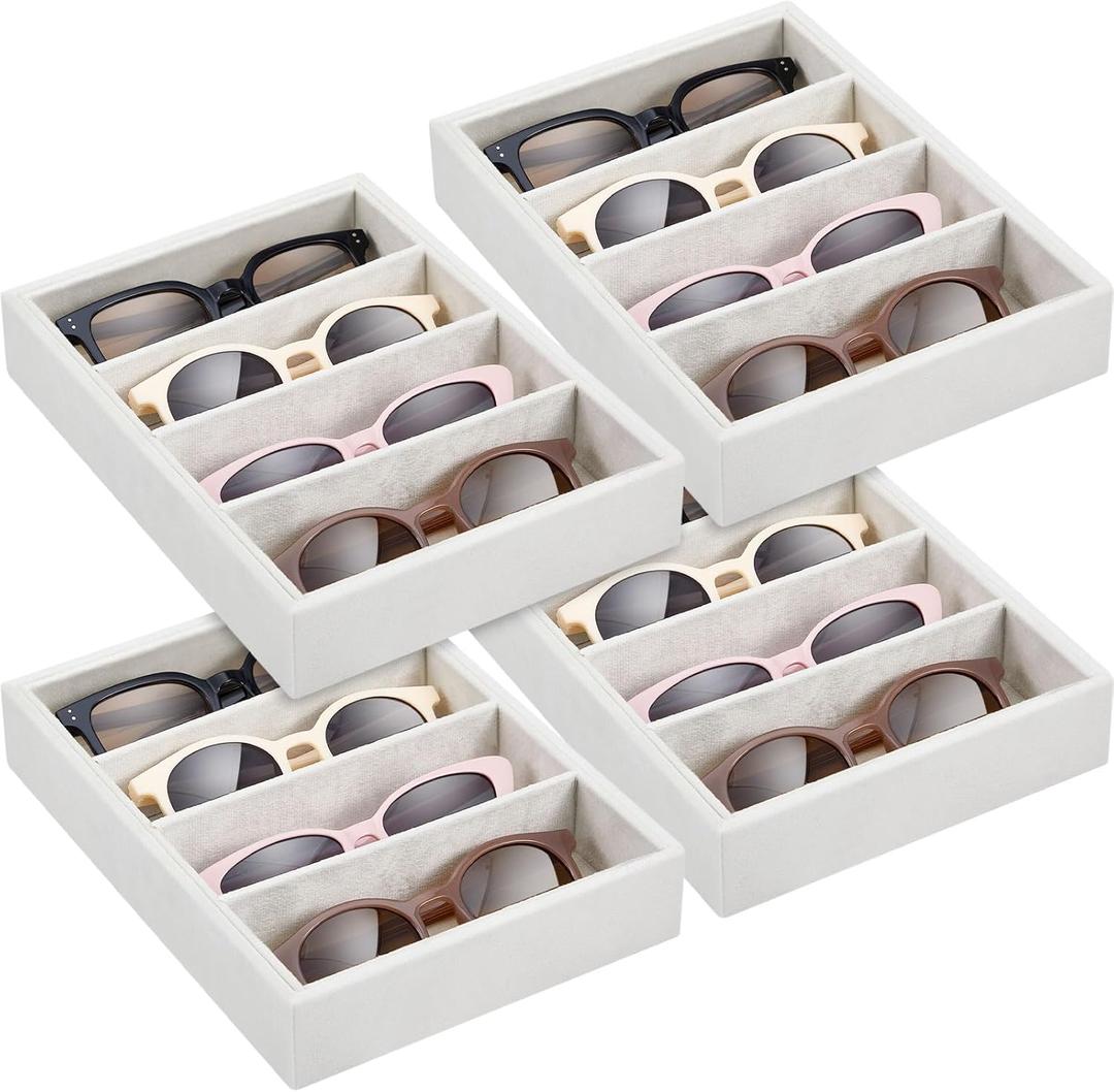 Amylove 4 Pcs Beige Sunglass Organizer Trays 4 Grids Velvet Glasses Holder Jewelry Display Organizer Eyeglasses Storage Box Drawer