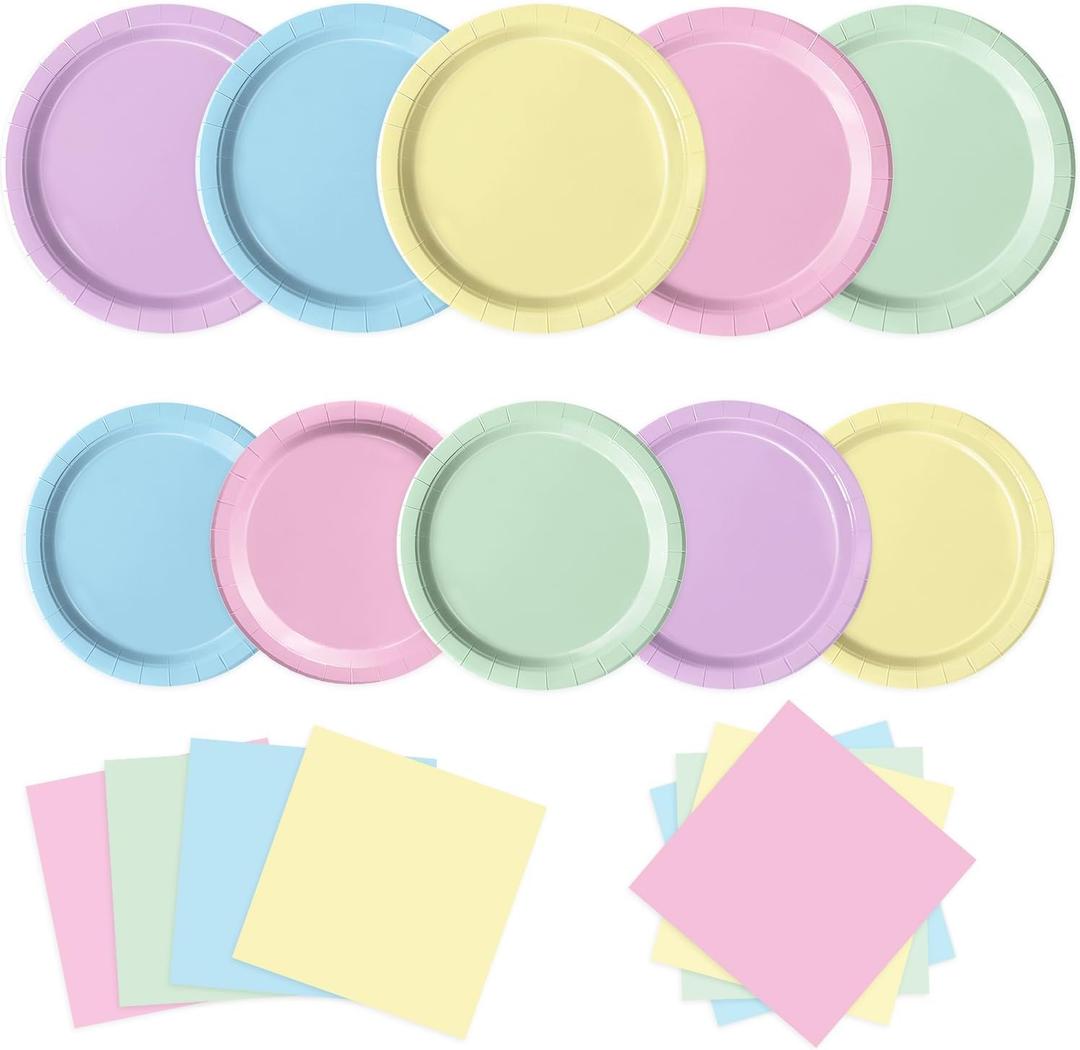 Oigco 150 PCS Pastel Birthday Decorations - Pastel Paper Plates and Napkins - Rainbow Party Decorations for Birthday Baby Shower Wedding, Serves 50