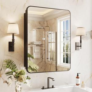 Medicine Cabinet Mirror 20x26 Inch, Black Bathroom Mirror Cabinet with Stepless Adjustable Shelves, Rounded Rectangle Metal Framed, Bathroom Mirror with Storage Recessed or Wall Mount