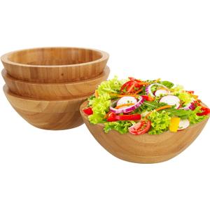 Lawei Set of 4 Bamboo Salad Bowls - 7 x 2.25 Inch Wood Serving Bowls Individual Meal Bowls Fruits, Salad, Pasta, Cereal, Rice and Snacks