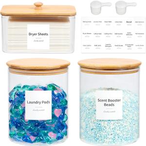 Glass Laundry Pods Container & Acrylic Dryer Sheet Holder with Bamboo Lids, Scoops & Labels | Premium Laundry Room Organization and Storage for Detergent Pods, Powder, Dryer Balls & Beads