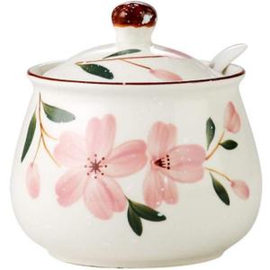 Ceramic Japanese Hand Painted Flower Sugar Bowl Seasoning Jar with Lid Spoon