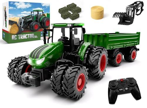 Remote Control Tractor Toy with Trailer | Metal Front & Front Loader Farm Vehicle Set with Lights & 8-Wheel Design, RC Tractor Truck for Boys & Girls Ages 3-9, Fun Farm Toy Gift for Toddlers & Kids