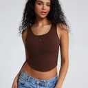 ZeroBound Built in Shelf Bra Crop Tank Tops for Women Scoop Neck Henley Button Sleeveless Casual Basic Tee Shirt Outfits (Brown, S)