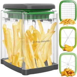 Prep Naturals 3-in-1 Manual French Fry Cutter - Interchangeable Blades for Potato Cutter & Fry Slicer - Functions as Potato Dicer & Food Dicer - Includes Safety Glove - Medium, Gray