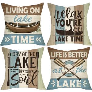 Life is Better at The Lake Decorative Throw Pillow Covers 16 x 16 Set of 4, Boat Paddle Lakehouse Porch Outdoor Home Decor, Spring Summer Stripes Farmhouse Rustic Couch Cushion Case